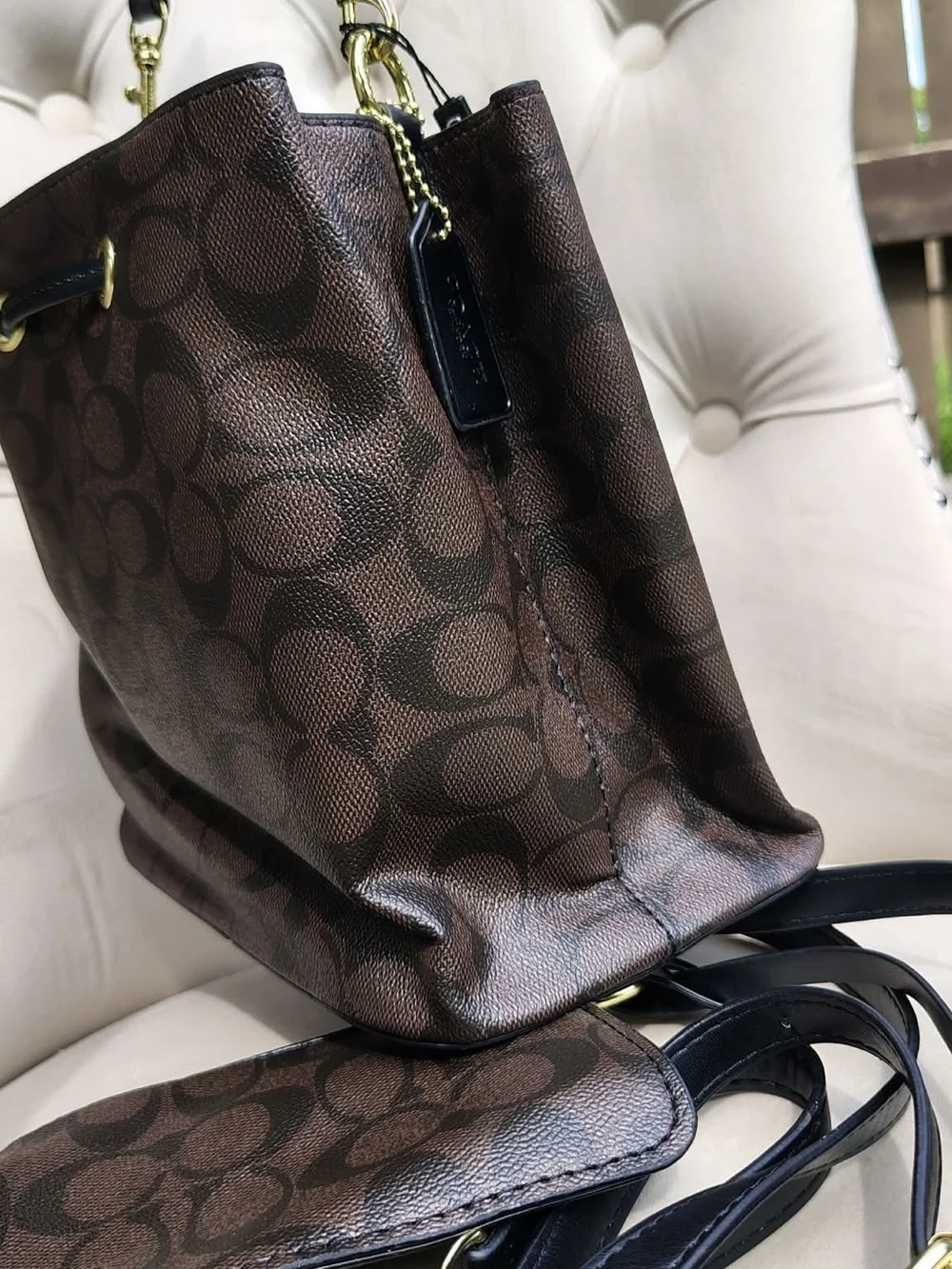 Coach Brown Signature Drawstring Tote with Black Trim and Gold Hardware